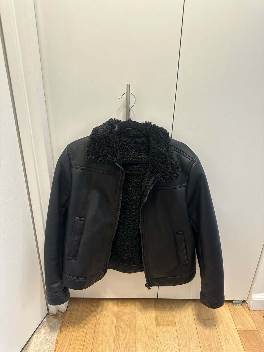 The Kooples Black Leather Aviator Jacket with Shearling Collar